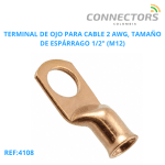 Ring terminal for 2 AWG wire, 1/2" stud size (M12)